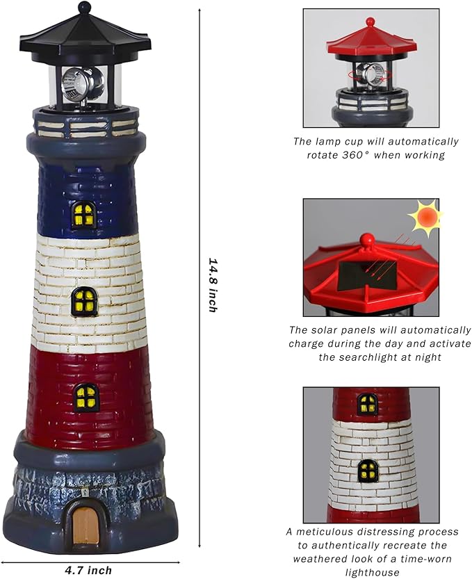 Solar Lighthouse Garden Outdoor Statues, Waterproof Lawn Lights Decor; Automatic Rotating Solar Lights for Yard, Patio, Ground, Tabletop Decoration; Unique Housewarming Gifts - Black