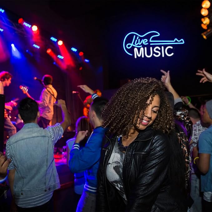 Guitar Neon Sign Blue White Live Music for Wall Decor Dimmable Guitar Led Light up Sign Letter Neon Signs Art Decorative Lights for Music Studio Live Streams Nightclub