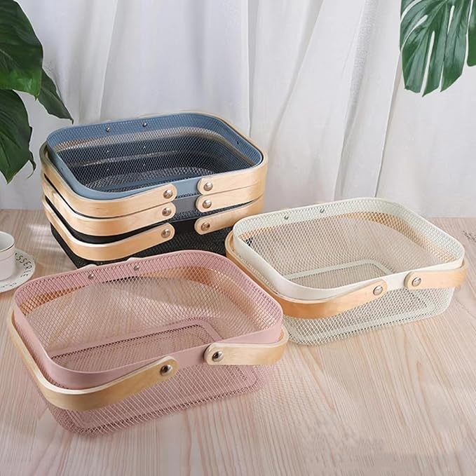 Metal Mesh Steel Basket, Storage Organizer Basket Garden Harvest Basket Multi-functional Kitchen Fruit Baskets Bin with Wooden Handle for Bathroom Picnic Shopping Decor Cabinet Home, Pink