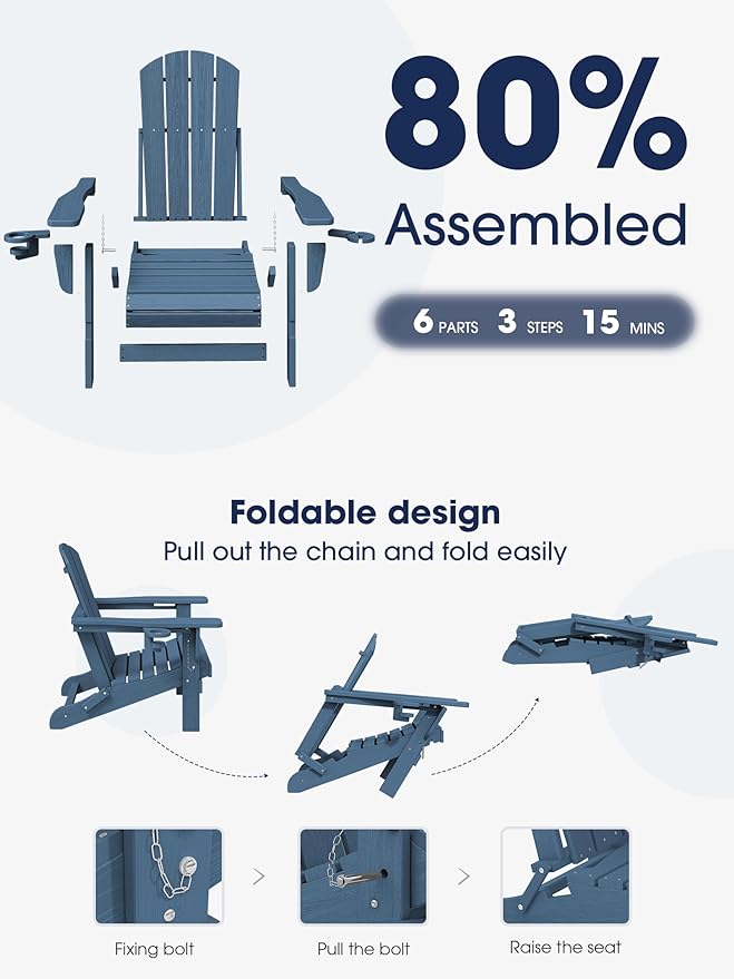 KINGYES Folding Adirondack Chair with Dual Cup Holders - HDPE All-Weather Outdoor Chairs, Wood-Like Patio Chair for Backyard, Camping, Pool & Fire Pit, Navy