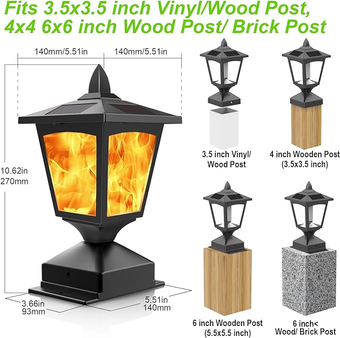 Solar Post Flame Light, Outdoor Deck Fence Post Cap Top LED Light wih Flickering Flame, Waterproof, 4x4 5x5 6x6, Outdoor Garden Firefly String Lights, 30 Leds, (Pack of 2)