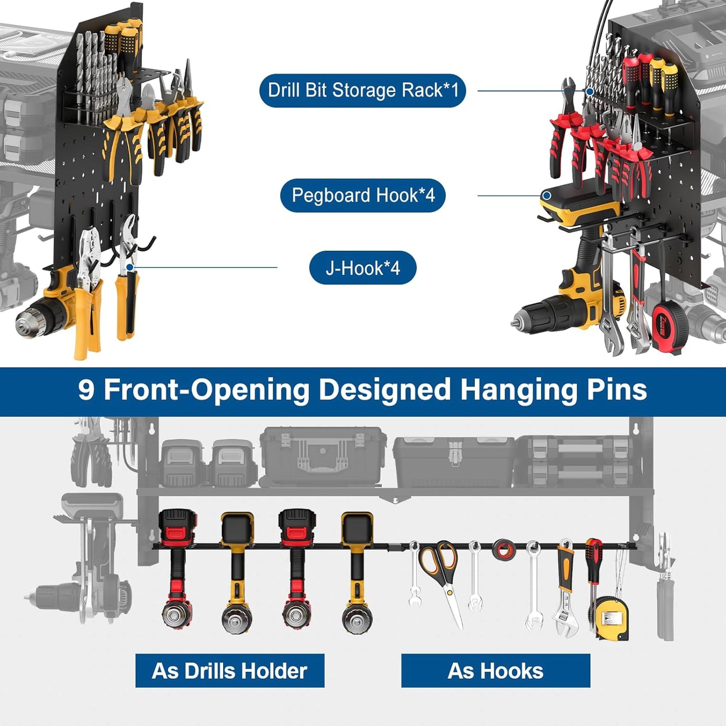 JUNNUJ Large Power Tool Organizer Wall Mount with Charging Station. Garage 8 Drill Holder Tools Battery Storage Shelf, Heavy Duty Utility Storage Rack Built in 8 Outlet 3 USB 6 FT Power Strip