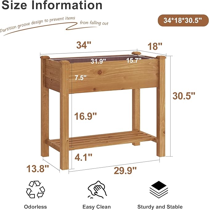 FILWH Raised Garden Bed with Legs Elevated Wooden Planter Box Stand Large Planter Stand Box for Fruits Vegetables Flowers with Divider with Bag - 34x18x30.5IN(Brown)