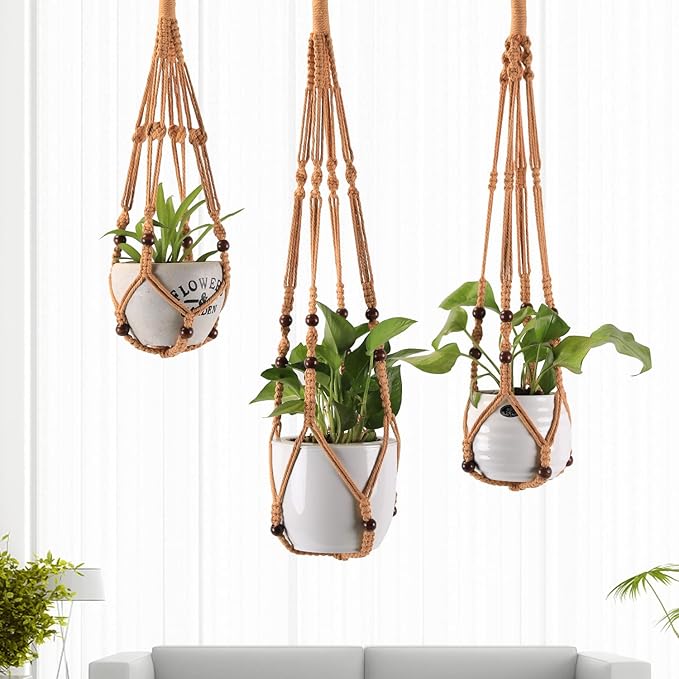 3-Pack Macrame Plant Hanger Indoor - Hanging Planter Basket for Indoor Outdoor - Decorative Boho Plant Holders Set with Beads - Ceiling Flower Pot Holder with 6 Hooks - 35"/30"/24" Brown