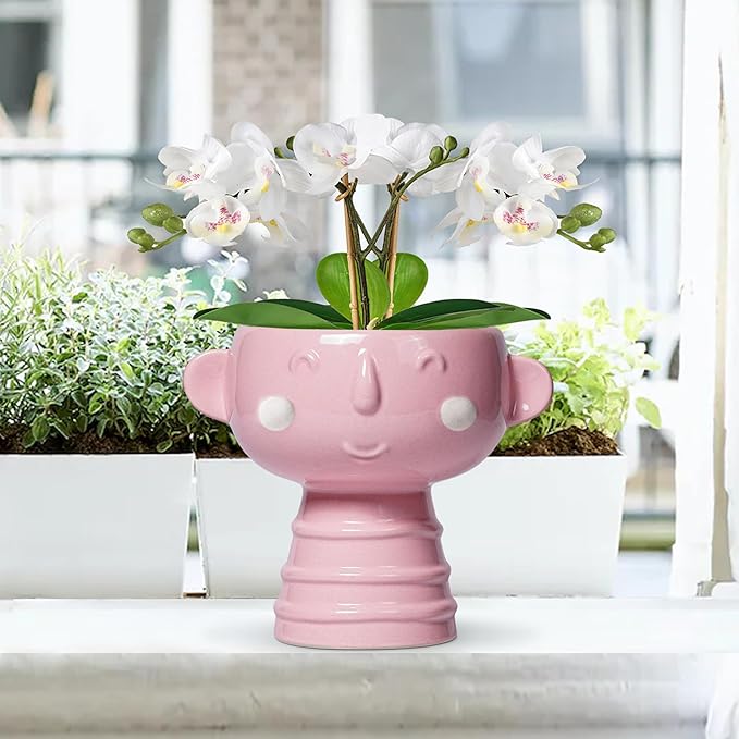 Smiley Face Planter - 7 Inch Ceramic Head Planter for Indoor Outdoor Plants, Cute Succulent Pots with Drainage Hole, Decorative Flower Pots, Home Room Desk Decor, Birthday Gifts, Bright Pink