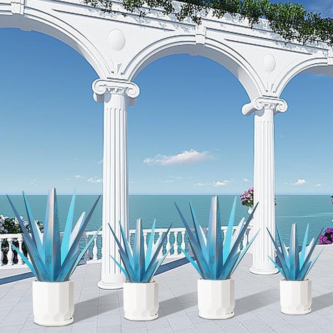 Enlarge Metal Plants Tequila Rustic Sculpture, Outdoor Patio Yard, Home Decor Hand Painted Agave Garden Statue, Outdoor Lawn Ornaments Yard Stakes for Mom Gift (1 Large Blue)