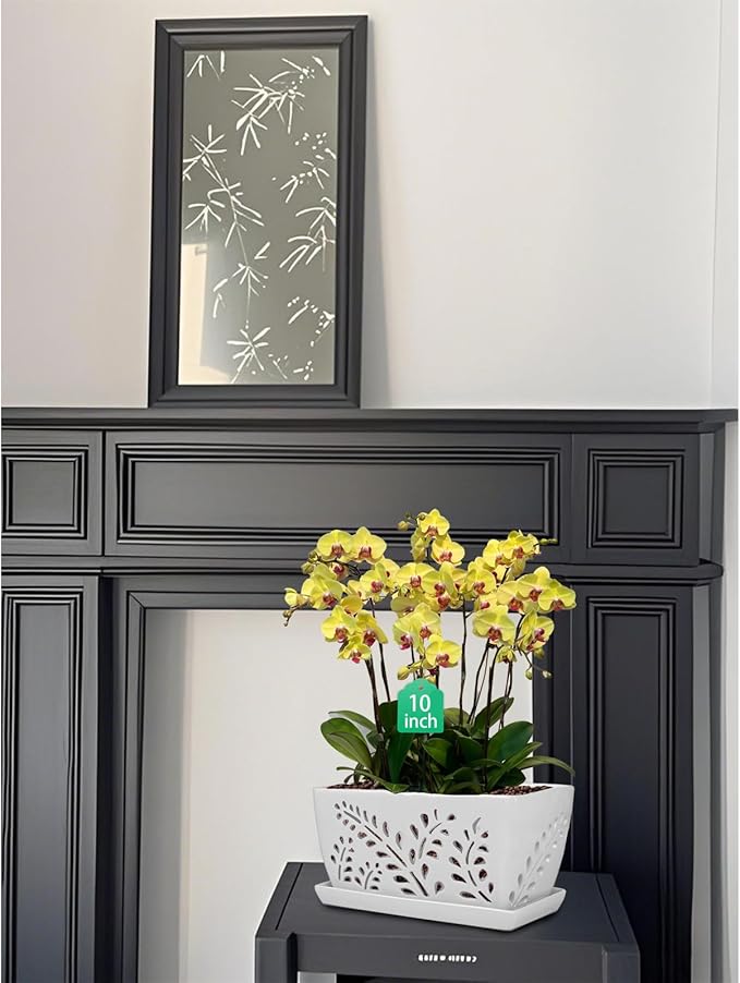 Ceramic Orchid Pot, 10 Inch Rectangular Orchid Pots with Holes, Premium Thickened Handmade Glazed Pot for Orchidaceae Plants, Indoor Outdoor Decorative Flower Pot for Easy Repotting