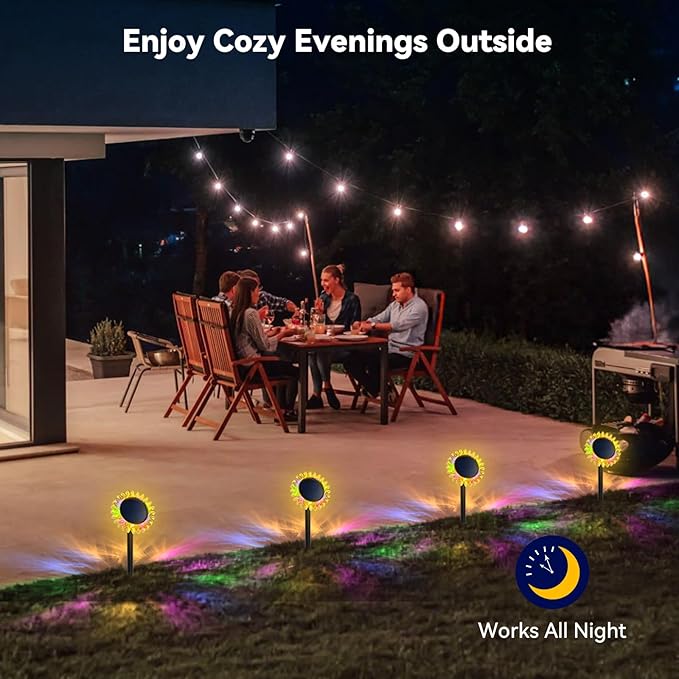 Outdoor Solar Lights, 4 Pack Upgraded Solar Sunflower Lights, Ground/Wall 2-in-1 Waterproof Solar Garden Lights for Yard, Landscape, Fence, Path, Patio, Driveway, Backyard Decor (Colourful)