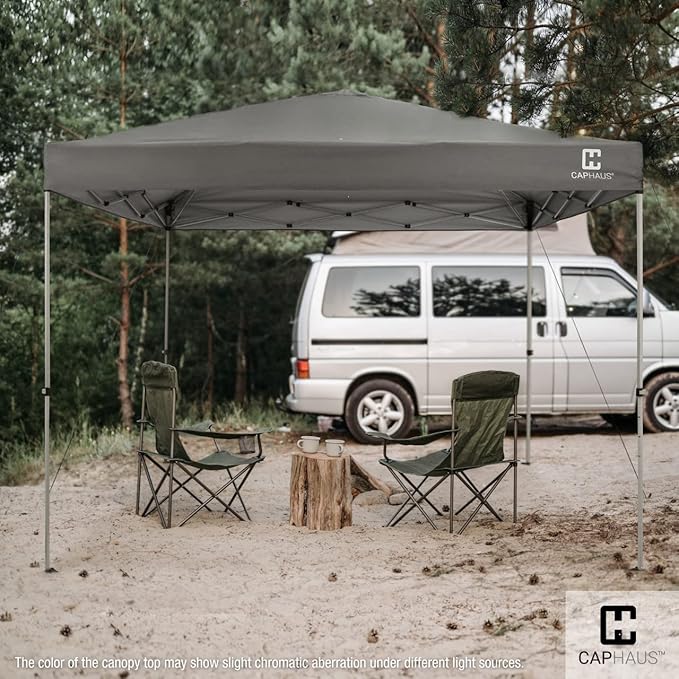 CAPHAUS 12ft x 12ft Patented One-Push Pop Up Outdoor Canopy Tent, Heavy-Duty Commercial Grade w/Central Lock, Portable and Instant Folding Shelter with Wheeled Carry Bag and Weight Bag, Dark Grey