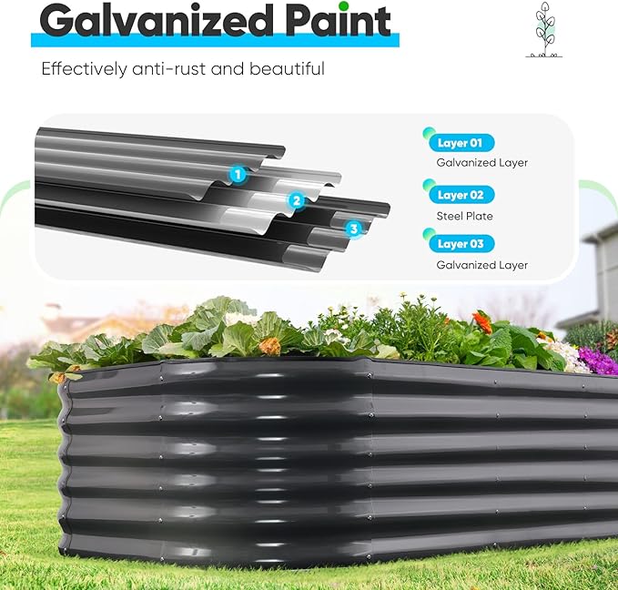 Quictent Galvanized Raised Garden Bed Kit, 6x3x1.5 ft Oval Metal Planter Box Tall for Vegetables Outdoor Backyard, Rubber Strip Edging Included, Dark Gray