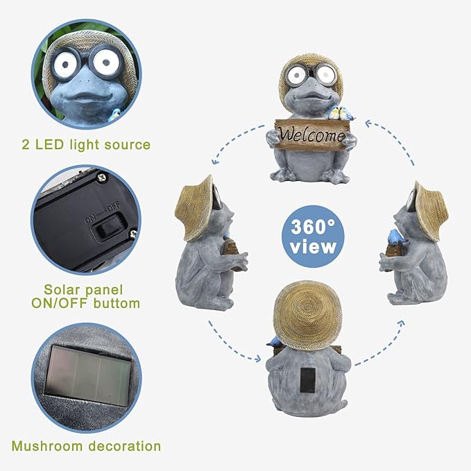 Garden Statue of Frog with Solar Light Eyes,Solar Decor Frog Outdoor Decorations,Frogs Figurine for Patio, Balcony, Yard, Lawn Ornament,Perfect Garden Gift,9.72inch