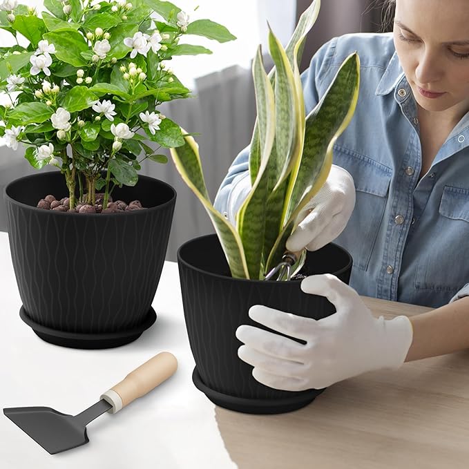 Plant Pots – 6 Inch Planters with Drainage Holes and Saucers, Flower Pots for Indoor and Outdoor Plants, Nursery Planting Pots (Pack of 5, Black)