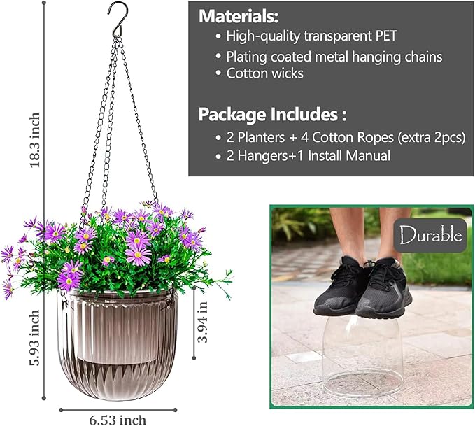 6.5 Inch 2 Pcs Self Watering Hanging Planter Indoor Plant Pots Drainage Holes, Outdoor Hanging Planters Flower Pot Basket, Visible Water Level, Plant Hanger Home Decor, Gardening
