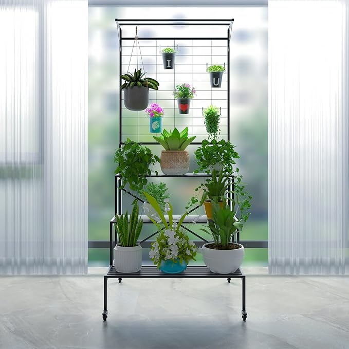 Zhongma 3 Tier Large Heavy Duty Plant Stand with wheels, Tall multi layer Plant Holder with Hanging Plant pot shelf, 35.43 x 33.27 x 80.7inch, Each Tier: 35.43 L x 10.5W, Easy to Hold Large Plant Pot