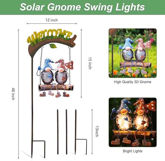 HONGLAND Solar Lights Outdoor Decor, Gnomes Swing Garden Decor, Funny Gifts for Women Mom, Gnomes Outdoor Decorations with Welcome Sign for Front Porch Patio