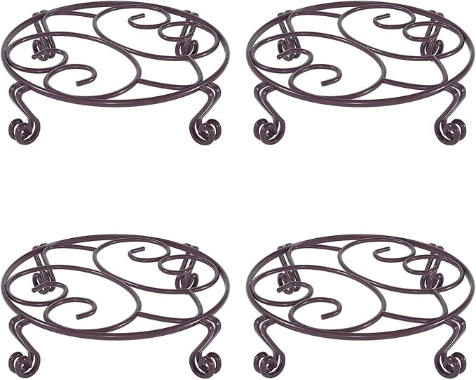 Yimobra 4 Pack Plant Stand for Flower Pot Heavy Duty Potted Holder Indoor Outdoor Metal Rustproof Iron Garden Container Round Supports Rack for Planter (4PC Brown 9.4 x 2 IN)