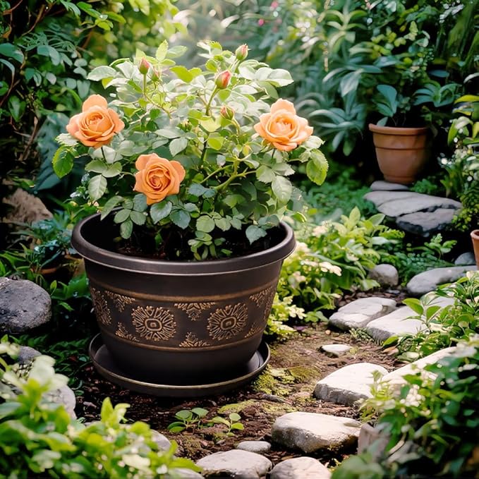 4 Pack 16 inch Plant Pots, Retro Pattern Planters with Drainage Holes and Saucer, Sturdy Plastic Garden Flower Pots for Indoor & Outdoor Plants