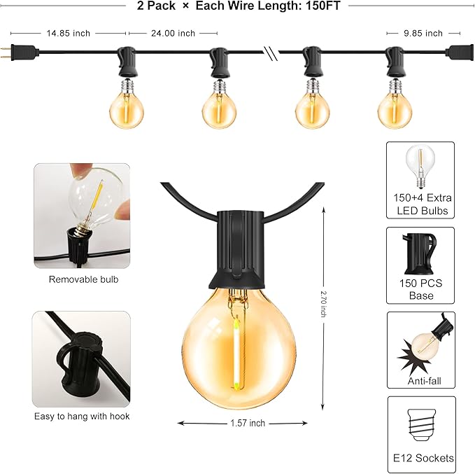 Outdoor String Lights 300FT Waterproof Globe String Lights with 150+4 Shatterproof G40 LED Bulbs,Dimmable Connectable Patio Lights String for Hanging Bistro Backyard Gazebo,2-Pack x 150 FT