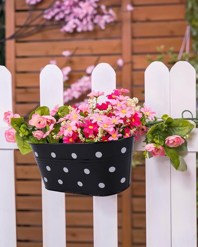 vensovo Metal Railing Planter for Outdoor Plants - 3 Pack Balcony Hanging Flower Pots with Detachable Hooks and Drain Holes Oval Bucket Rail Box Fence Planters for Home Garden Decor, Black with Spot
