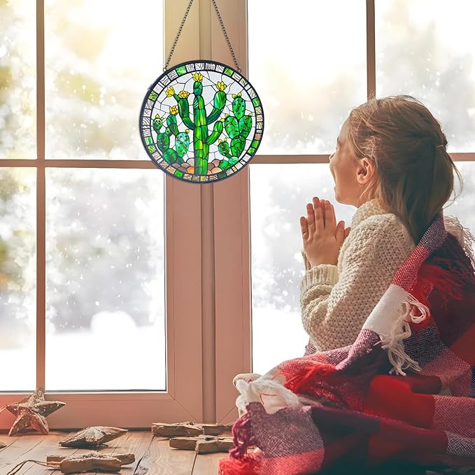 Cactus Decor Suncatcher Indoor/Outdoor Stained Glass Window Hanging - Handmade Stained Glass Suncatchers for Windows Hanging - Outdoor Garden Decor Gift for Women Christmas Thanksgiving Gifts