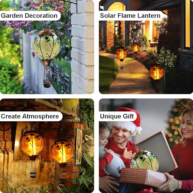 Hot Air Balloon Solar Lantern with Flickering Flame, Glass Hanging Garden Lights Outdoor Waterproof for Tree Yard Patio Mother's Day Gift, 18" H Bee