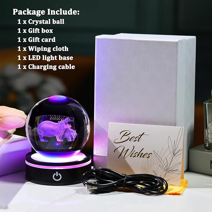YWHL 3D Hippo Crystal Ball Figurine with LED Base Laser Hippopotamus Gifts for Women Men on Christmas Birthday Decorative Hippo Ball Glass Hippopotamus Globe Night Light for Home Decor (80mm)