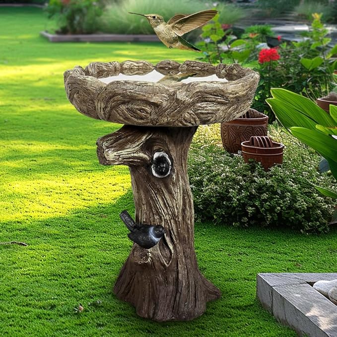 SKYFIRE 23” Tall Fibre Reinforced Concrete Birdbaths with Birds for Patio, Woodland Tree Trunk Decorative Outdoor Bird Bath for Garden,Pedestal Birdbaths for Outdoors, Garden, Patio, Lawn, Backyard