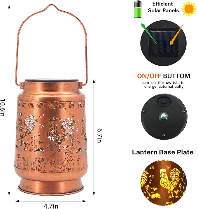 Solar Lanterns Outdoor Garden Decor,Chicken Gifts for Women, Mom, Grandma, Birthday, Thanksgiving, Decorative Waterproof Hanging Metal LED Light for Yard, Patio, Lawn, Landscape, Backyard (Rooster)