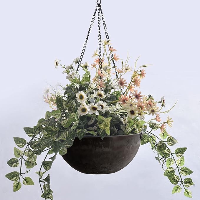 DEAYOU 2 Pack Resin Hanging Planters for Indoor Plants, 10" Hanging Flower Pots with Drainage Holes, Hanging Baskets with Chain and Hook for Garden, Outdoor, Balcony Decor (Marble Pattern)