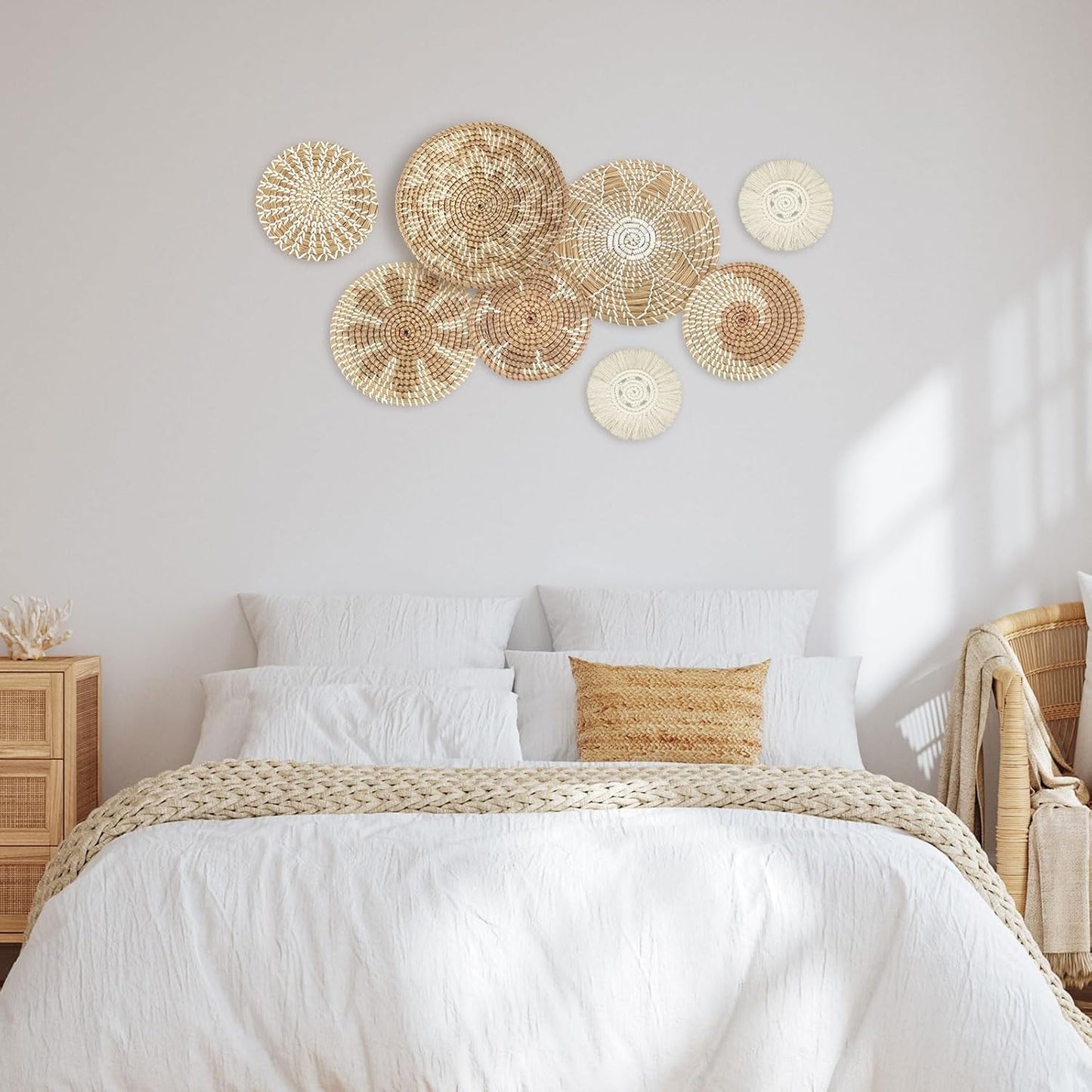 Xuhal Set of 8 Hanging Woven Wall Basket Handmade Decorative Rustic Boho Basket Decor Handcrafted Wicker Round Seagrass Wall Art for Home Kitchen Farmhouse Table Living Room(Classic)