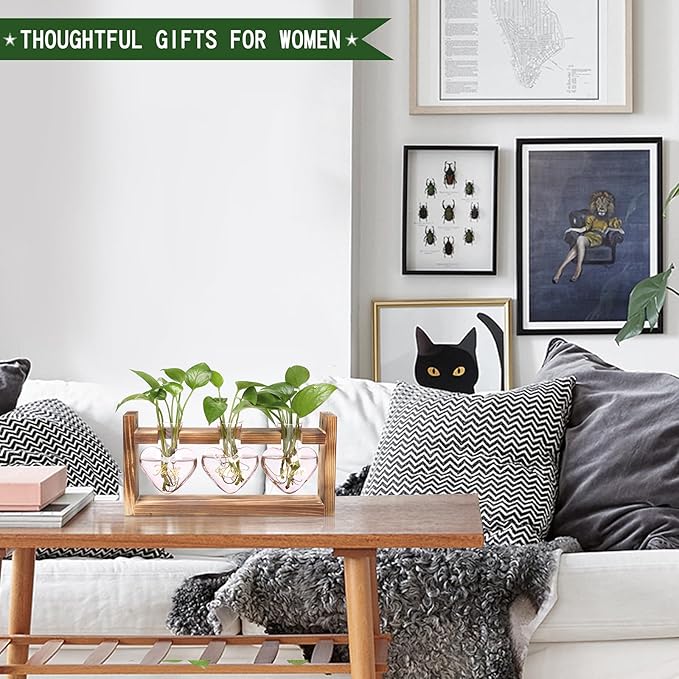 Plant Terrarium Propagation Stations Faith Hope Love Hydroponics Home Garden Decoration Gift for Women with Wooden Stand Heart Shaped Colored Glass Vase