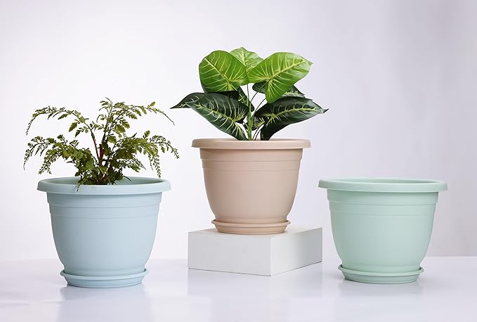5 Packs 10 inch Plant Pots + Saucer, Planters for Indoor & Outdoor Plants with Drainage Holes | Plastic Flower Pots, Large Planter (White, 10 inch)