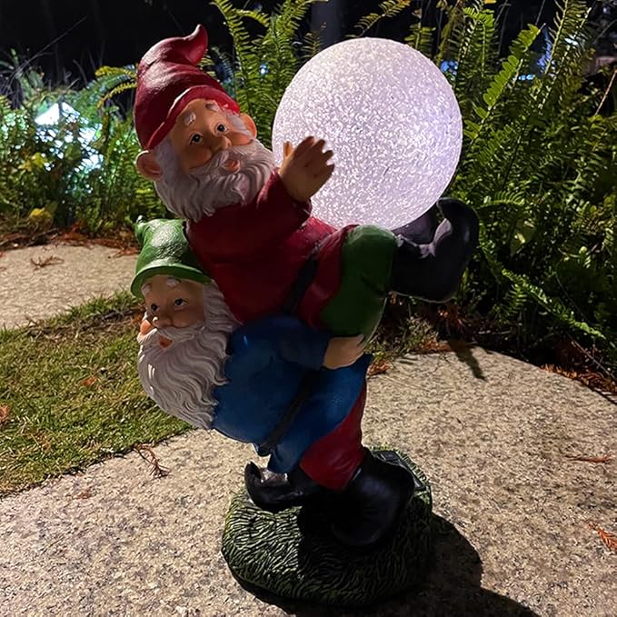Solar Powered 2 Gnomes Playing with Ball, Decorated Solar Light, Garden Decorations Statues, Garden Light Decor for Lawn Ornaments, Resin Garden Figurines (2 Gnomes with a Glass Ball)