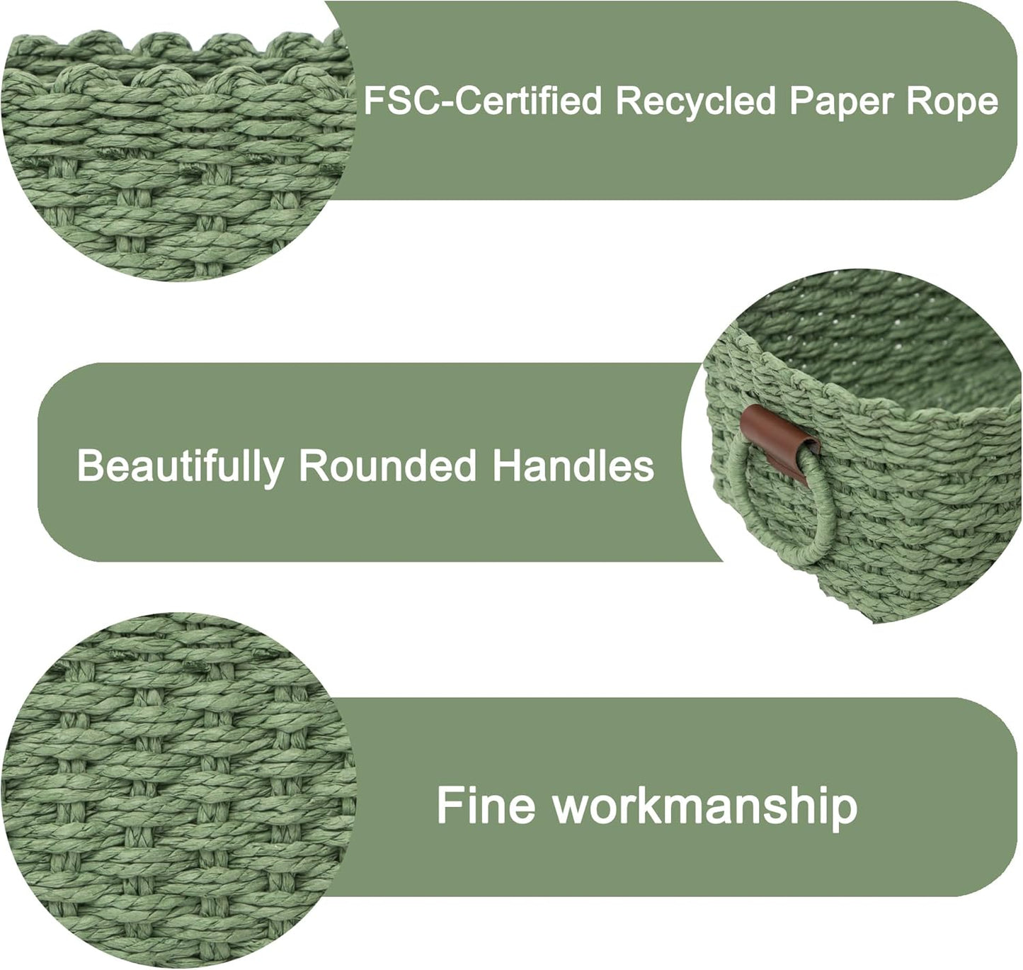 Small baskets for Organizing,Cute woven Storage basket with recycled paper rope for Shelves Bathroom,Little decorative basket,Set of 3 (Dark Green)