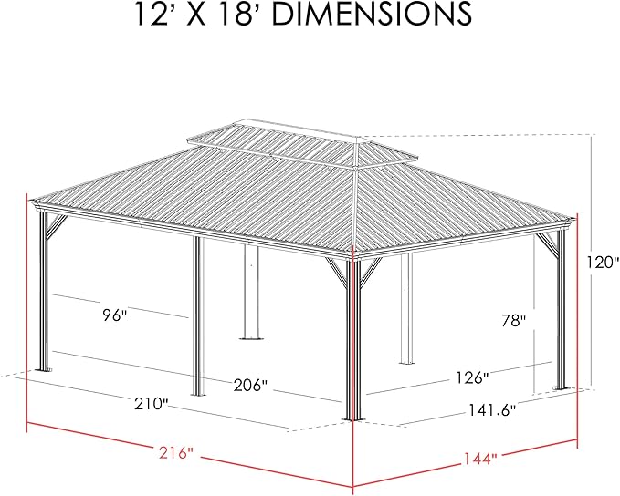 Kozyard Alexander 12' X 18' Hardtop Permanent Aluminum Metal Gazebo with Galvanized Steel Double Roof Canopy, Curtain and Netting, Gazebo Pavilion for Patio, Backyard, Deck, Lawn (Brown)