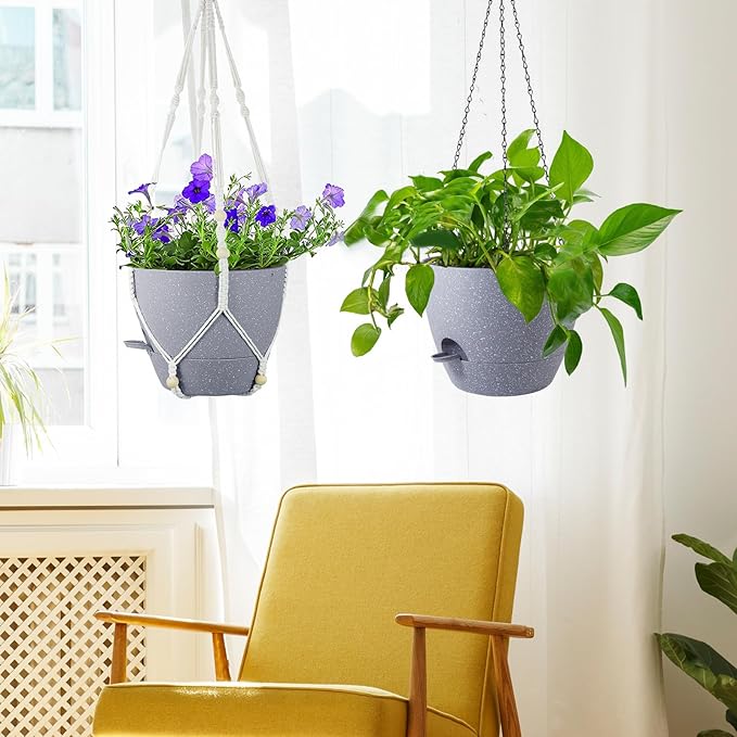Self Watering Hanging Planters 10 inch, 2 Pack Hanging Flower Pots for Indoor Outdoor Plants, Hanging Baskets with Drainage Holes & 2 Kinds of Plant Hangers for Garden Decor, Speckled Grey