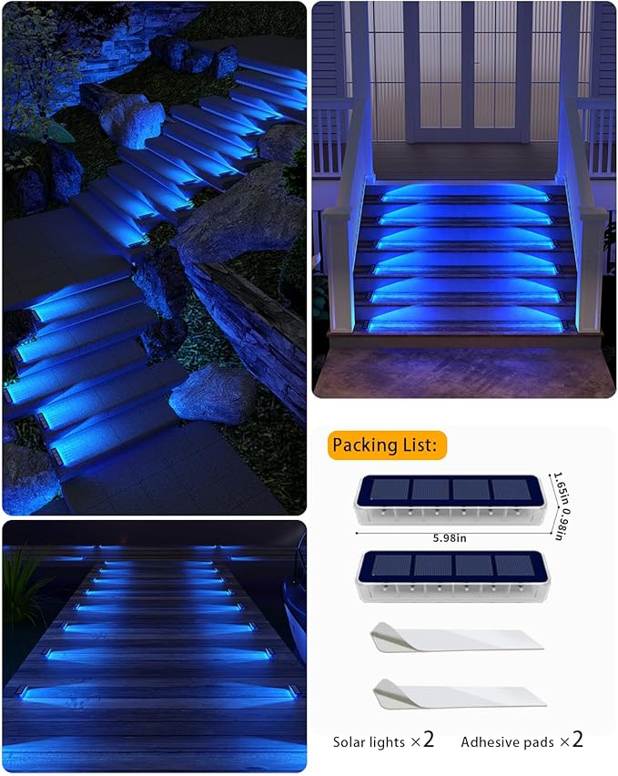 Solar Step Lights for Outside, 2 Pack Solar Stair Lights, Blue Outdoor Deck Light Waterproof, Outdoor Light Solar Powered for Deck, Dock, Pathway, Porch, Path, Ground, Backyard