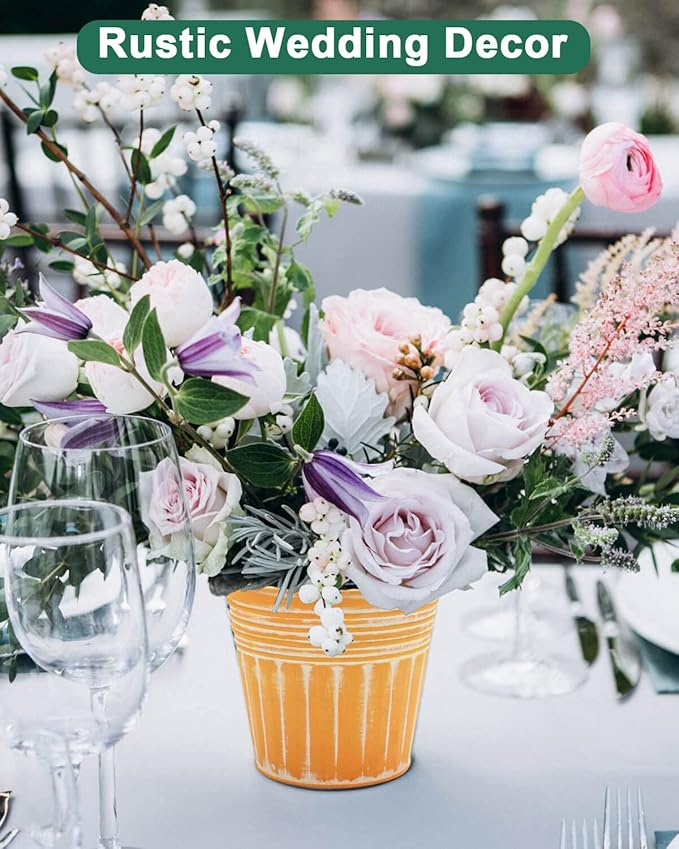 vensovo 5 Inches Orange Metal Rustic Flower Pots - 6 Pcs Small Galvanized Planters with Drainage Hole and Rubber Plug, Rustproof Tin Bucket Plant Pot Farmhouse Vintage Style for Decor