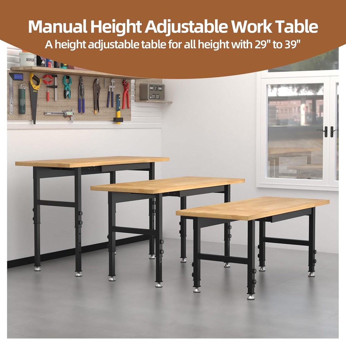 48'' Adjustable Workbench, Solid Wood Work Bench Table, Metal Tool Bench Work Bench with Power Outlet, Heavy Duty Large Load Capacity Garage Workbench Workshop Table for Workshop,Office,Home