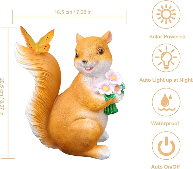 Attivolife Solar Squirrel Garden Statue Light, Outdoor Decor Figurines with Butterfly, Yard Patio Balcony Lawn Home Decor Sculpture Ornaments, Mother's Day Birthday Gift for Mom Grandma