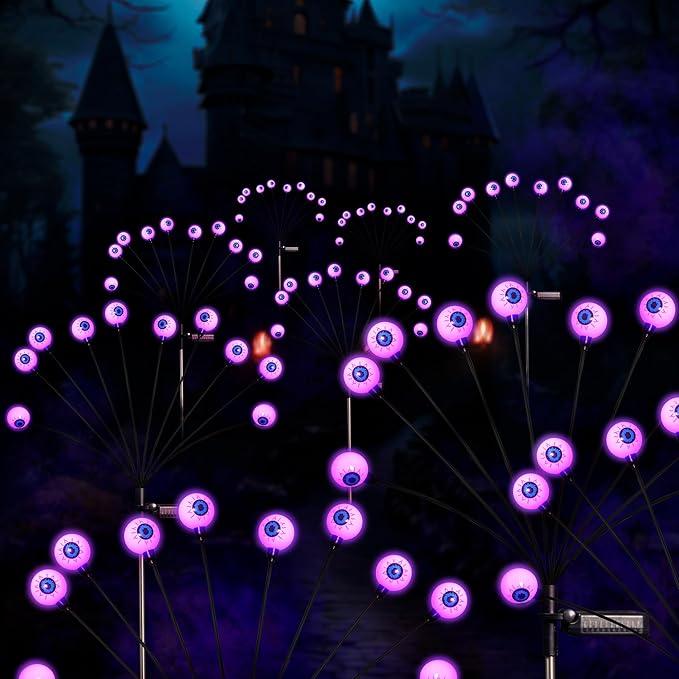 Solar Halloween Lights - 4 Pack 40LED Outdoor Waterproof Scary Eyeball Swaying Firefly Lights for Yard Garden Patio Party Decor Purple
