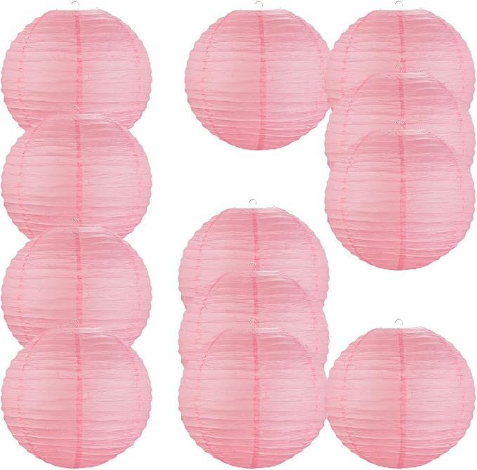 Chinese Style Paper Lanterns, Set of 12, Suitable for Party Decoration (Pink, 14in)