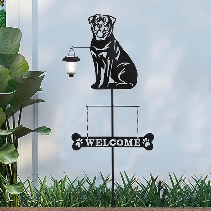 BAYN Solar Rottweiler Silhouette Dog Breed Welcome Sign with a Lantern Outdoor Decorative Garden Stakes for Yard, Lawn, Patio, Pathway