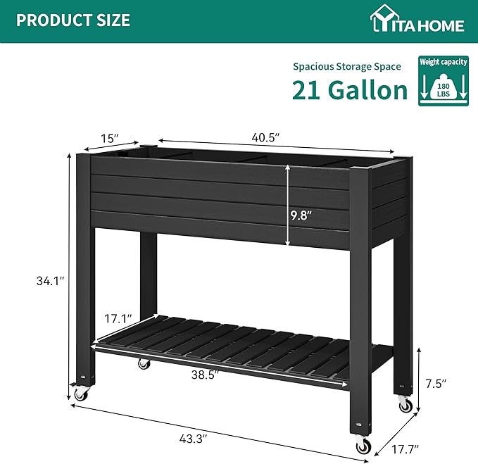YITAHOME 3.6x1.5x2.8 FT Elevated Garden Bed Kit with Legs and Wheels, Outdoor Large Resin Planter Box Stand with Drain Plug and Storage Shelf for Plants Vegetables Fruits, Black