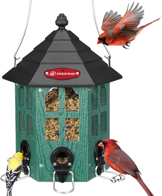 Kingsyard Wild Bird Feeder for Outdoor Hanging, Recycled Plastic Bird Feeders with 6 Ports & U-Shape Perch, Garden Yard Outside Decoration, 3.5 lbs Seed Capacity, Green