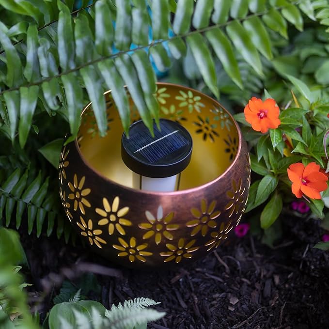 Original Solar Fire Bowl 8” (2-Pack) Decorative Metal Solar Patio Light with Flickering Flame, Waterproof Dusk-to-Dawn Garden Lantern in Bronze/Copper