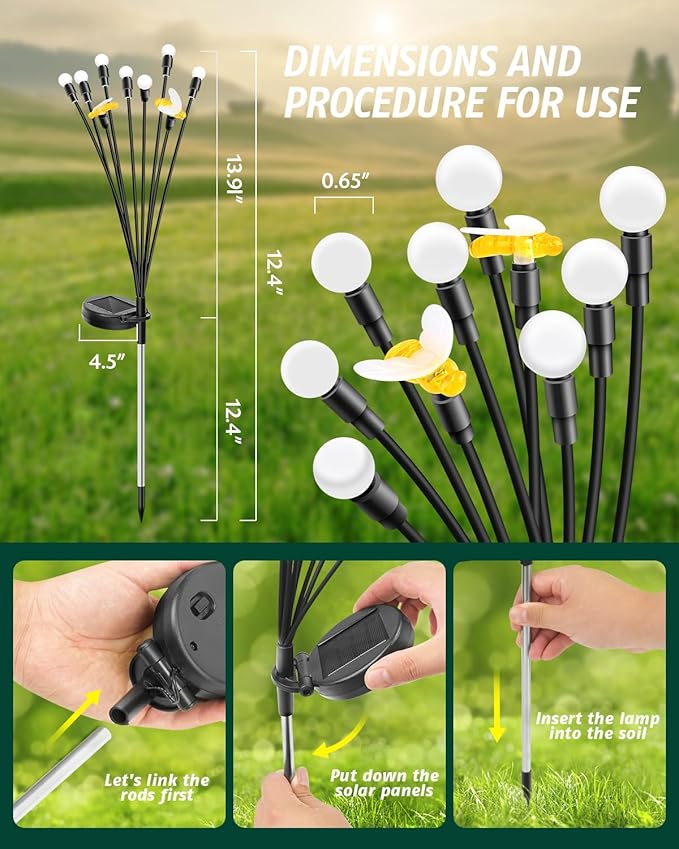 Solar Garden Lights 2024 Upgraded 40 LED Firefly Lights Solar Outdoor Sway by Wind for Patio Pathway Decoration 2+8 Warm White (Bees 4 Pack)…