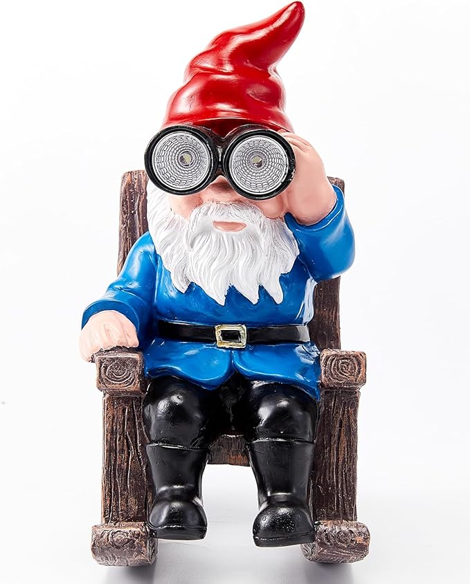 Solar Garden Gnome Statues Resin Gnome Figurines Sitting on Rocking Chair Outdoor Telescope Gnome Gifts for Yard, Patio Decor Gift