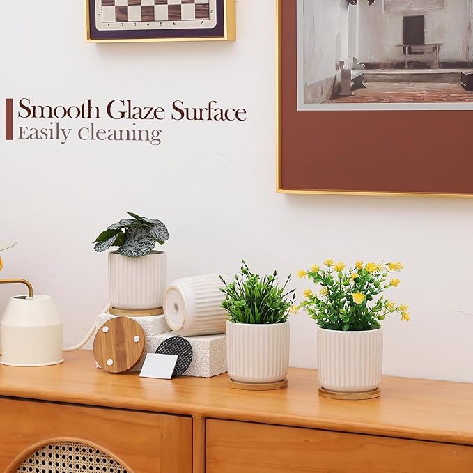 OMAYKEY 4 Inch Ceramic Plant Pot with Saucer, Creative Stripe Small Planters Pots with Drainage Hole and Mesh Pads for Succulent, Cactus, Herbs, White - Set of 4