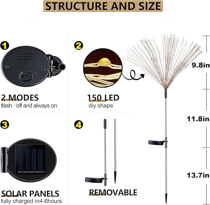 2 Pack Solar Firework Lights 150 LED Create Magical Nights, Waterproof Starburst Fairy Lights for Garden Yard Patio Christmas Romantic Wedding Party Decor(Warm White)